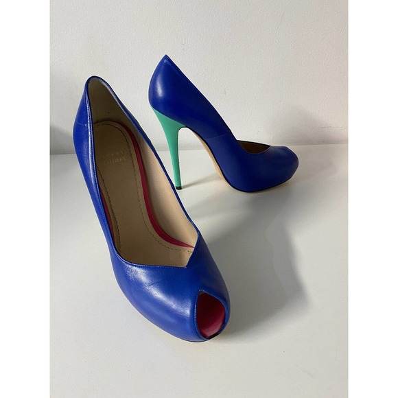 Stuart Weitzman Victoria Pump Ultramar Blue Colorblock Peep Toe Leather … - Picture 12 of 12